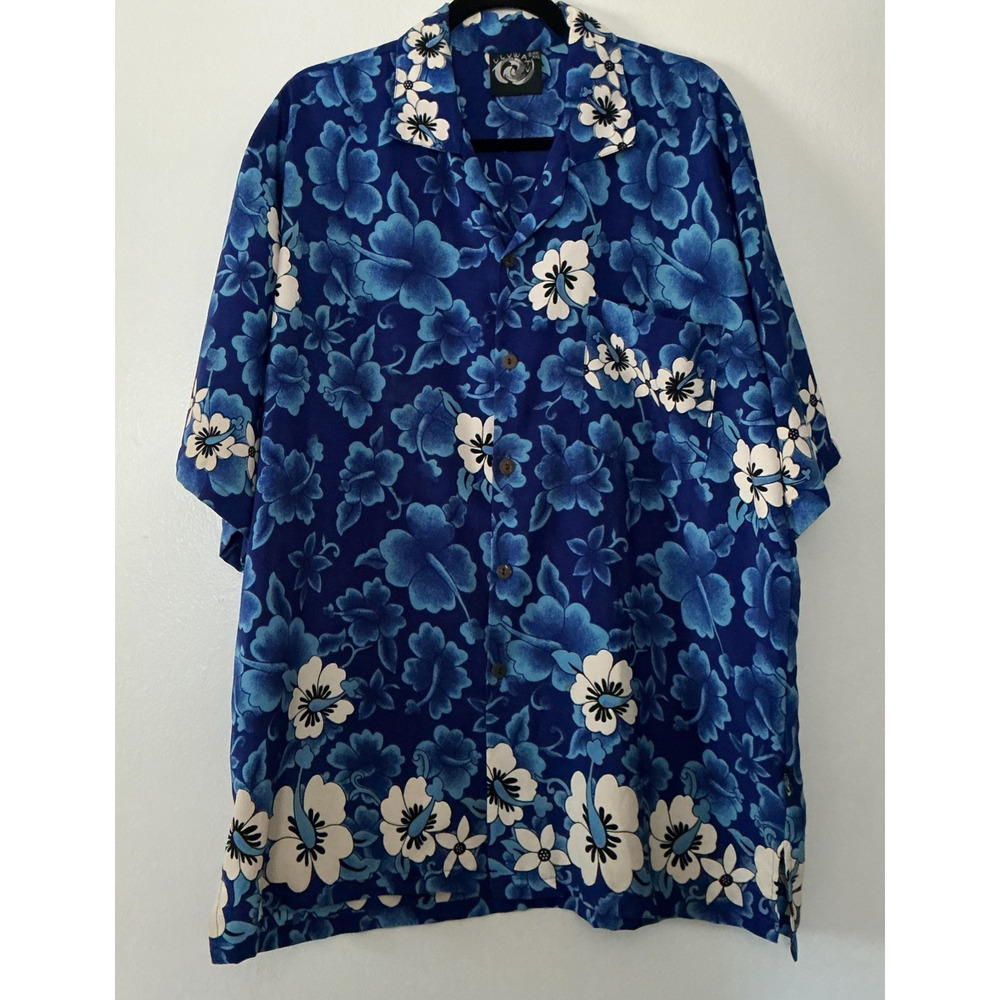Uluwatu Mens XXL Hawaiian Shirt Button Up Aloha Blue Side Slits Resortwear